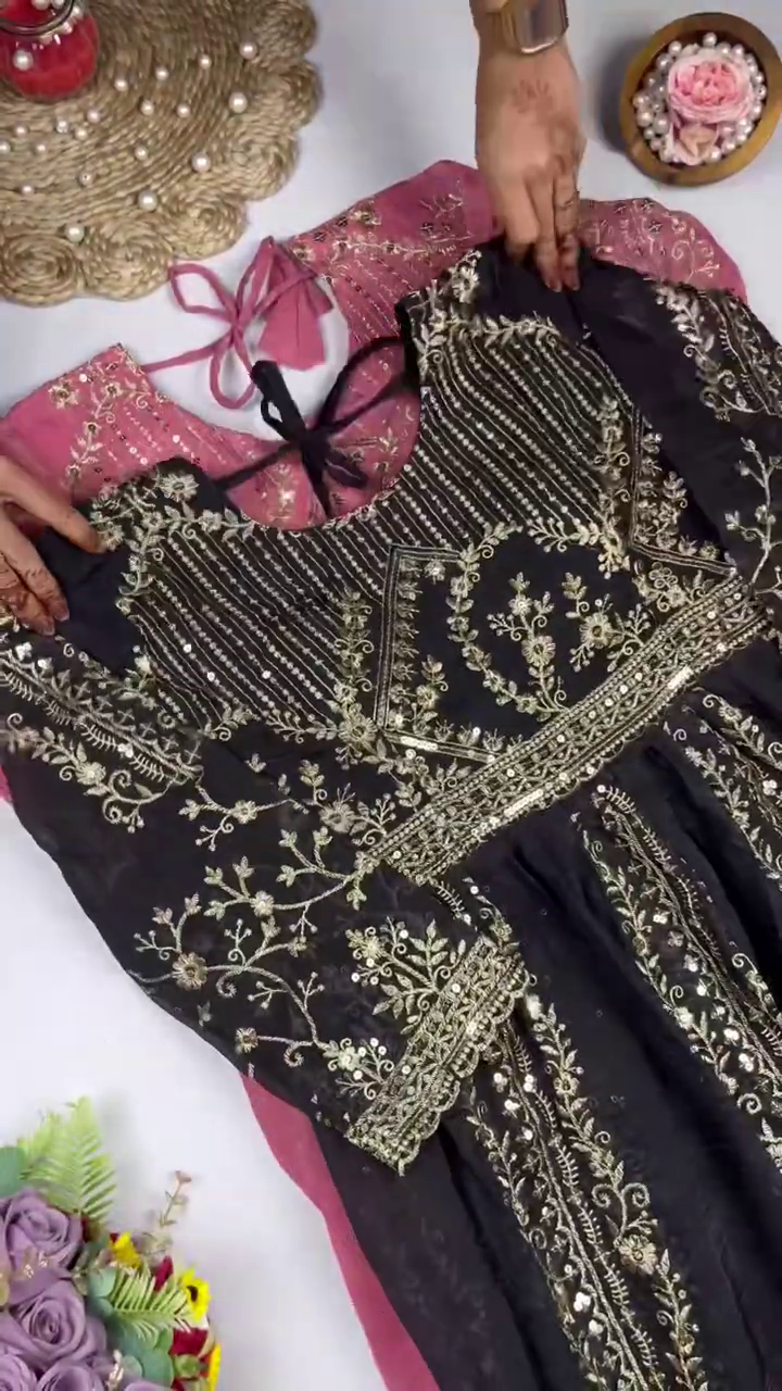 Jewel-Toned Georgette Anarkali Set with Ornate Zari and Sequin Bodice - Image 3