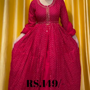 Crimson Polka-Dot Anarkali Gown with Embroidered Cinched Waist