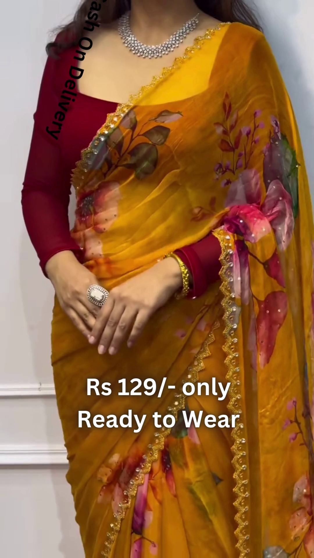 Golden Ochre Chiffon Saree with Painterly Floral Blooms