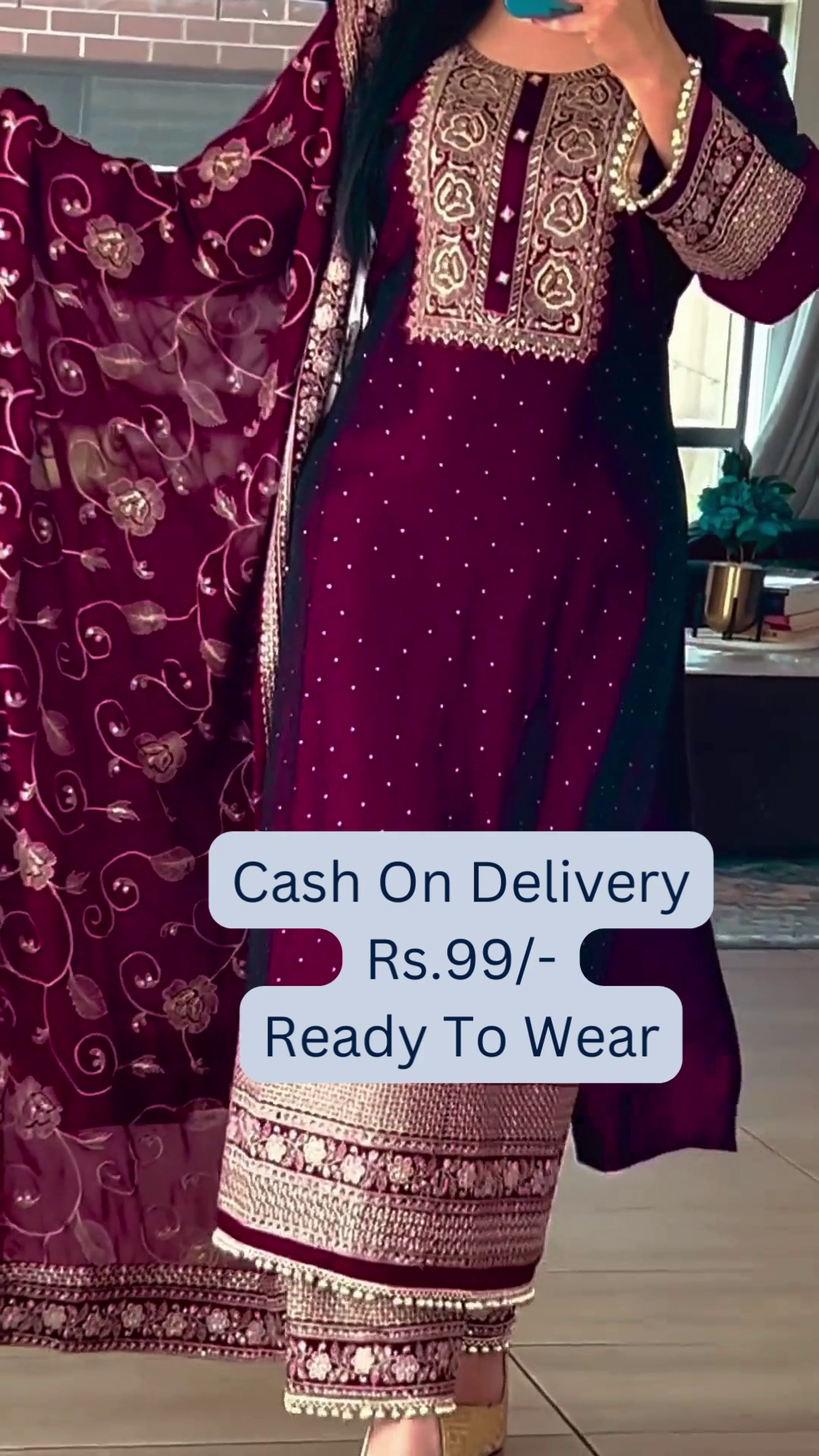 Royal Wine: Heavily Embroidered Kurta Pant Set - Image 2