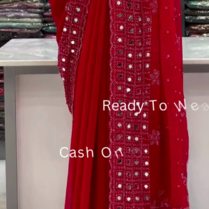 Crimson Radiance: Embroidered Mirror-Work Saree