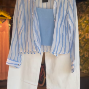 Effortless Striped Shirt & White Trousers Co-ord Set - Chic Women's Casual Wear