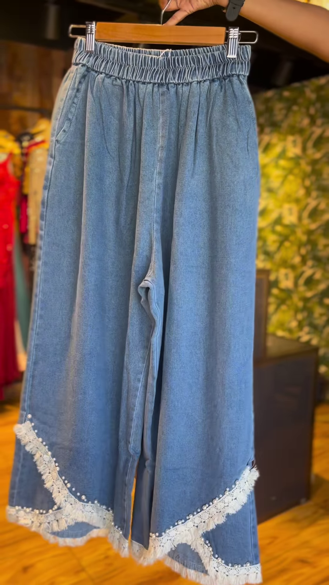 Playful Denim Wide-Leg Trousers with Colorful Flower Appliques & Lace Trim - Women's Unique Bottoms - Image 4