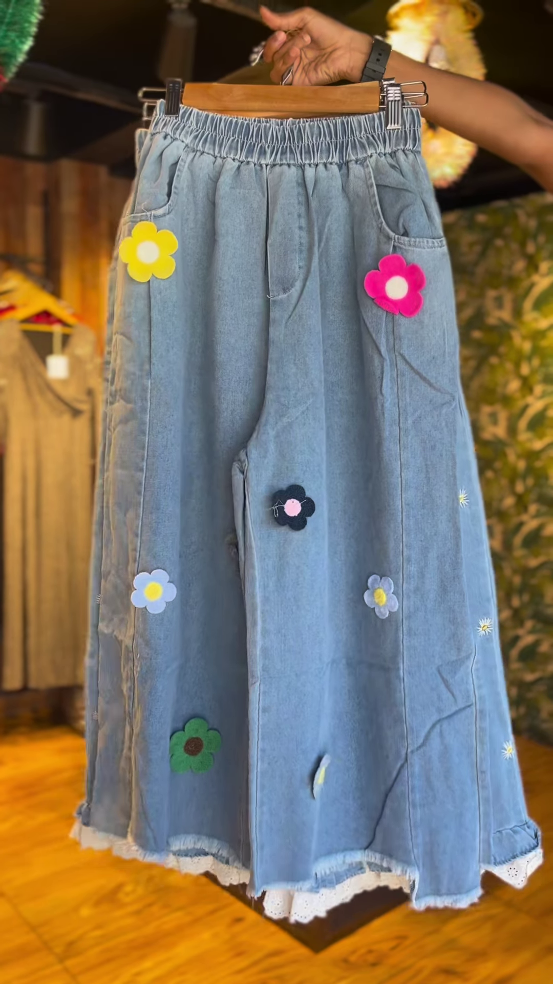 Playful Denim Wide-Leg Trousers with Colorful Flower Appliques & Lace Trim - Women's Unique Bottoms - Image 3