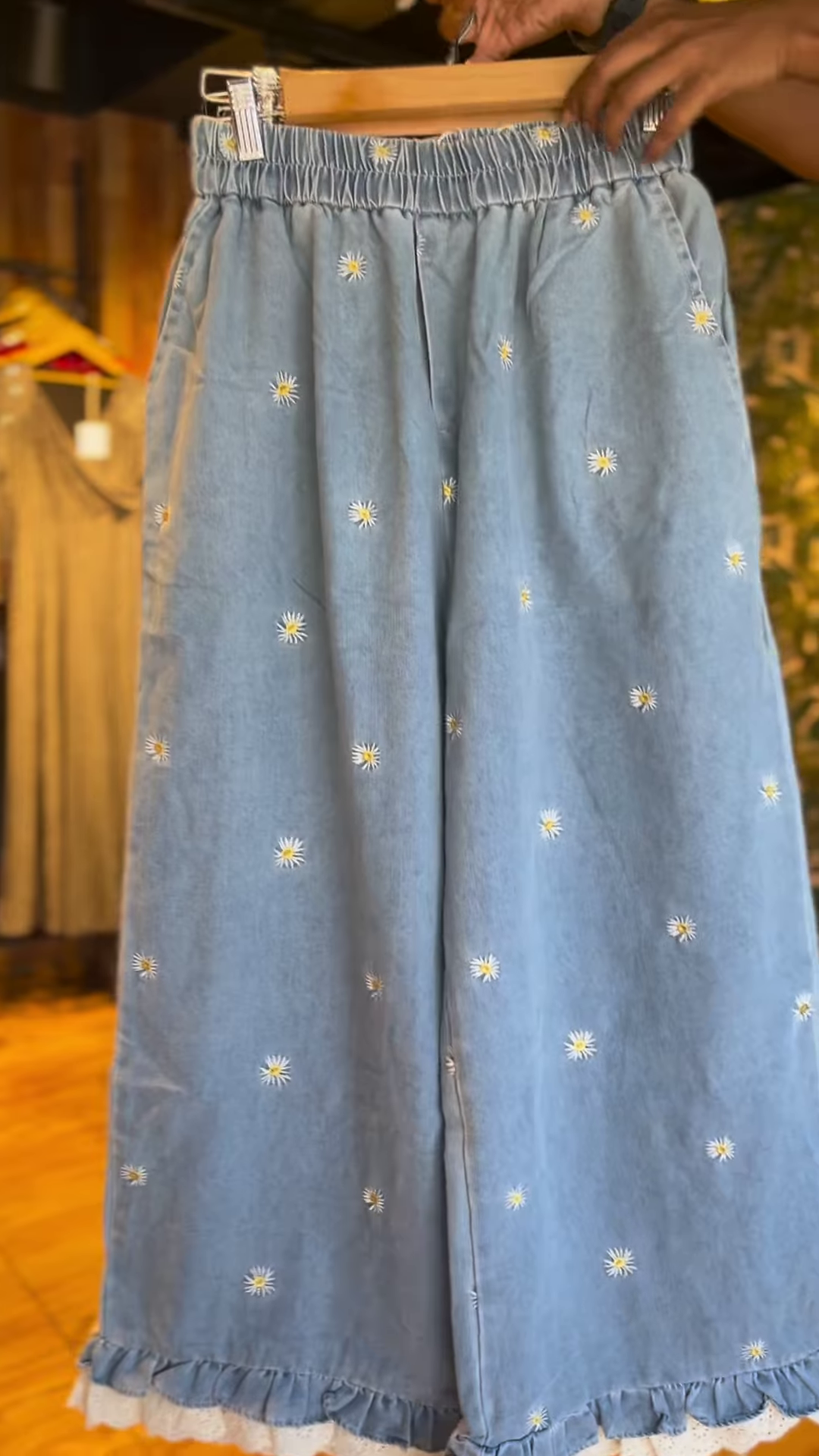 Playful Denim Wide-Leg Trousers with Colorful Flower Appliques & Lace Trim - Women's Unique Bottoms