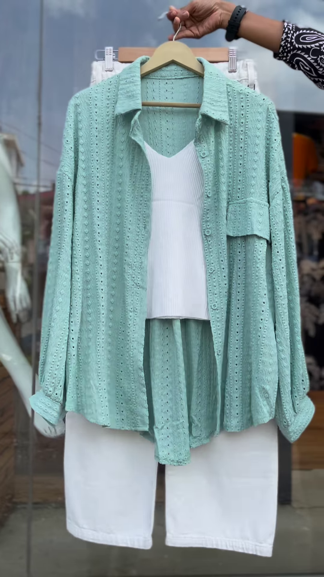 Breathable Eyelet Co-ord Set in Mint Green - Stylish Women's Shirt, Top & Shorts Trio