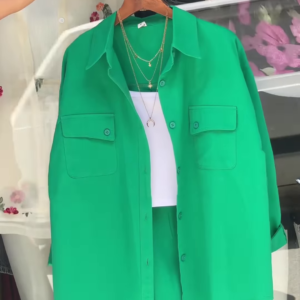 Vibrant Green Oversized Button-Down Shirt - Women's Stylish Casual Top with Pockets