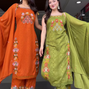 Vibrant Embroidered Ethnic Sets for Women - Orange & Olive Green Festive Wear