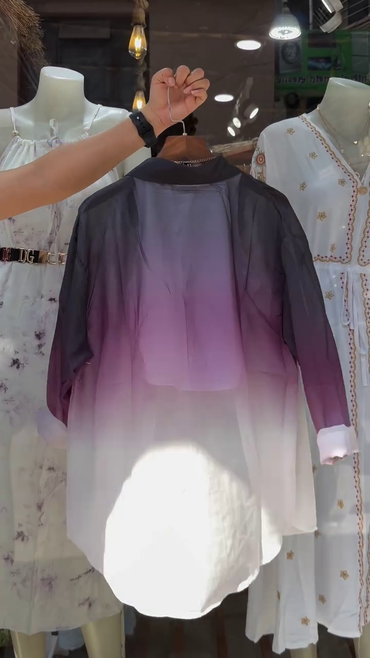 Women’s Gradient Purple-White Button-Up Shirt with Layered Necklace and Crop Top – Trendy Street Style - Image 6