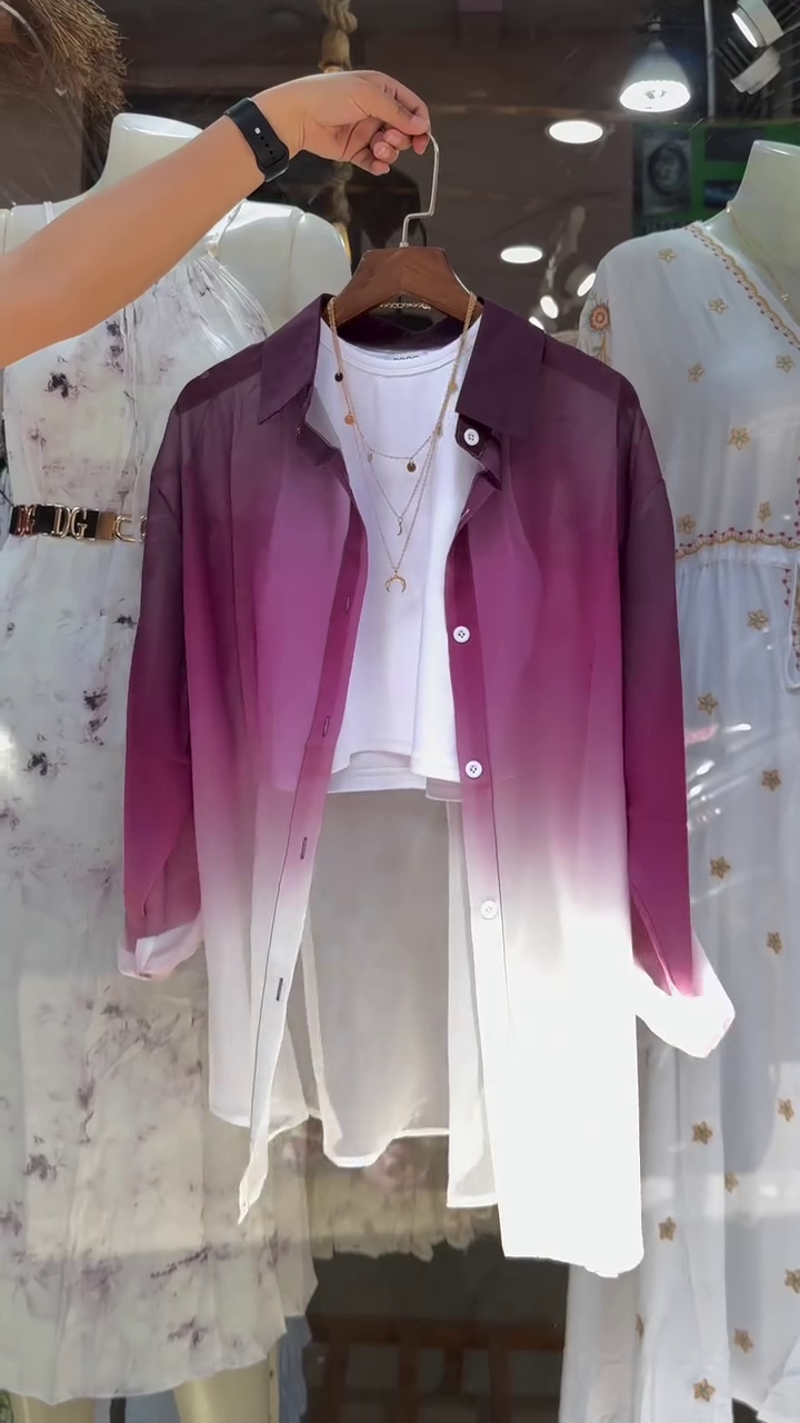 Women’s Gradient Purple-White Button-Up Shirt with Layered Necklace and Crop Top – Trendy Street Style - Image 5