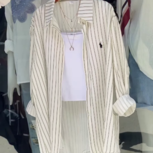 Women’s Statement Layered Streetwear Ensemble – Floral Print Shirt, Bold Sleeve Tee & Striped Button-Up