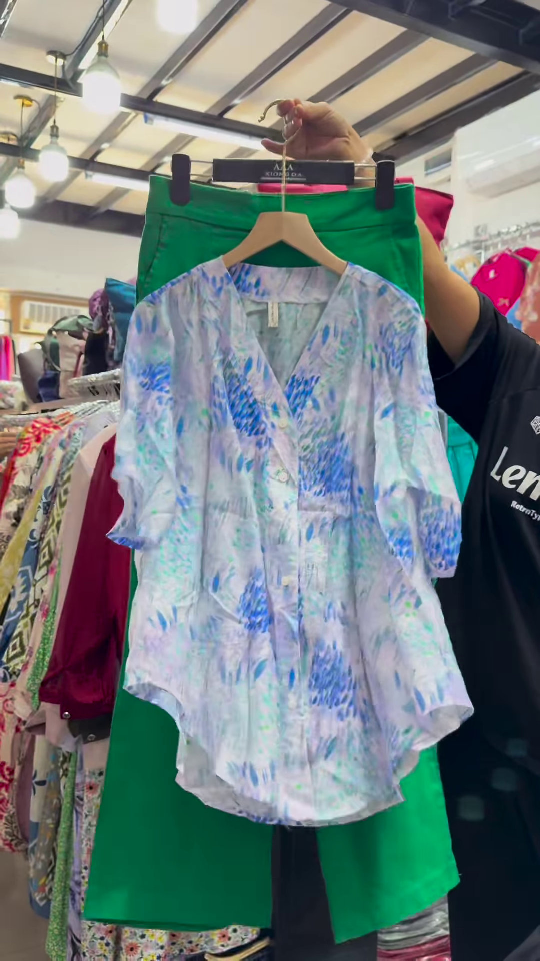 Unisex Geometric Print Button-Up Shirt with Solid Green Skirt – Contemporary Streetwear Fusion - Image 3