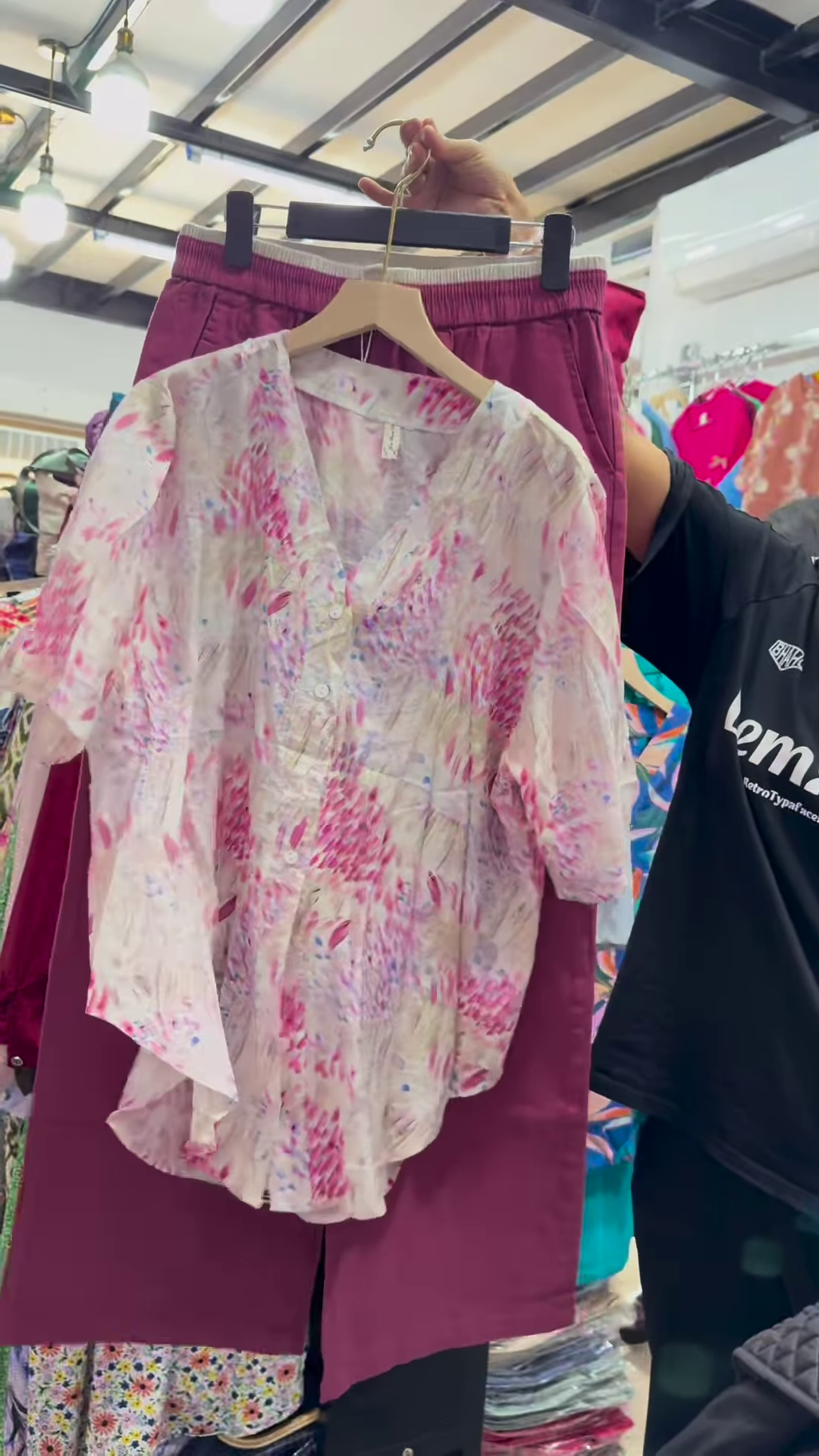 Unisex Geometric Print Button-Up Shirt with Solid Green Skirt – Contemporary Streetwear Fusion - Image 2