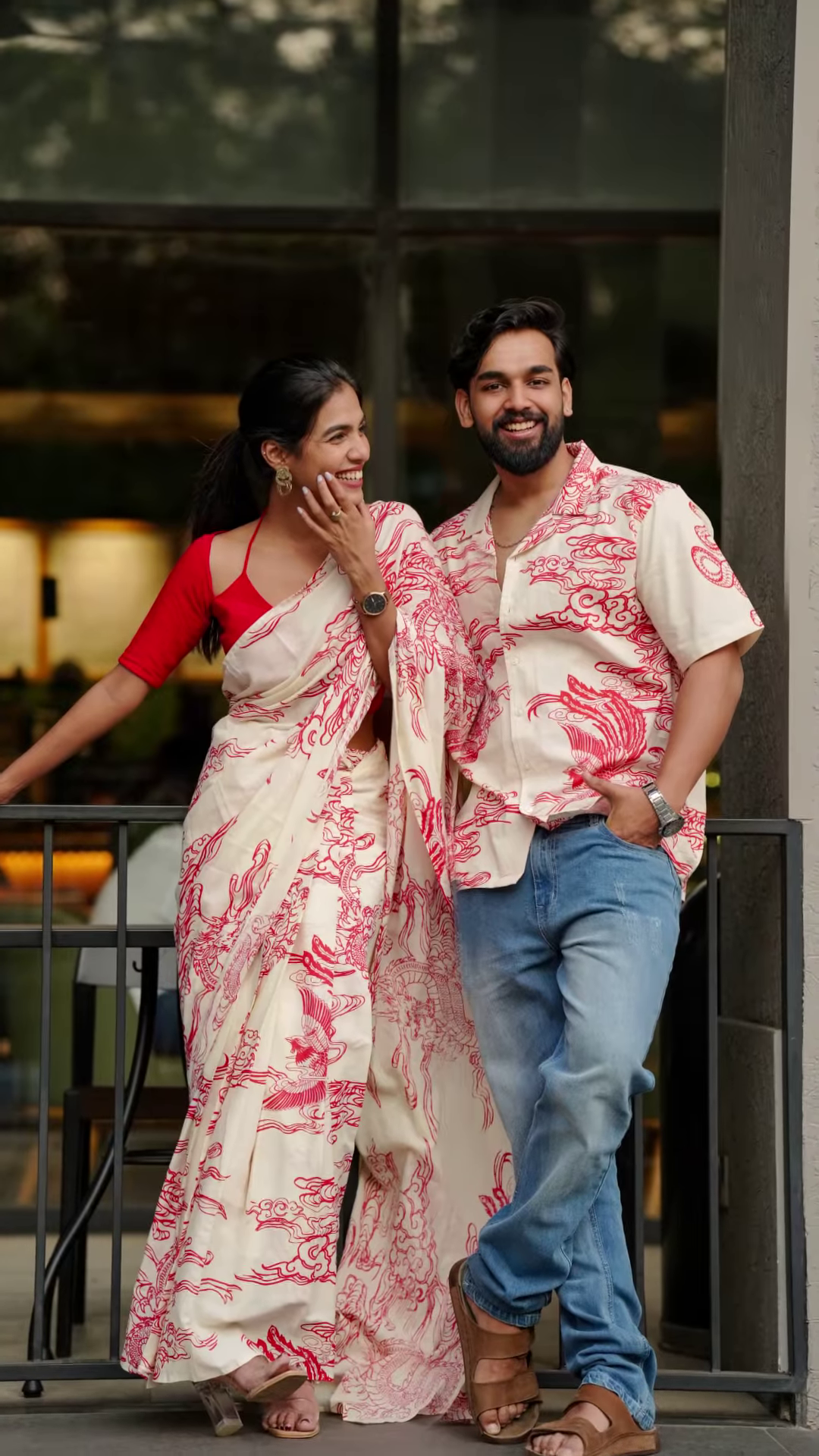 Couple’s Coordinated Ethnic Ensemble – White & Red Printed Saree with Matching Shirt and Jeans