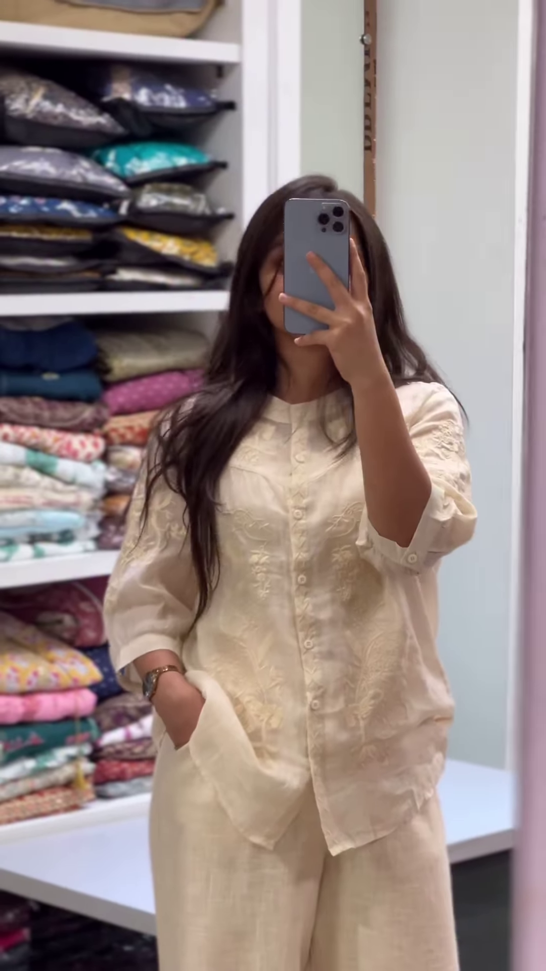 Embroidered Ivory Mandarin Collar Shirt with Matching Trousers – Lightweight Ethnic Summerwear - Image 3