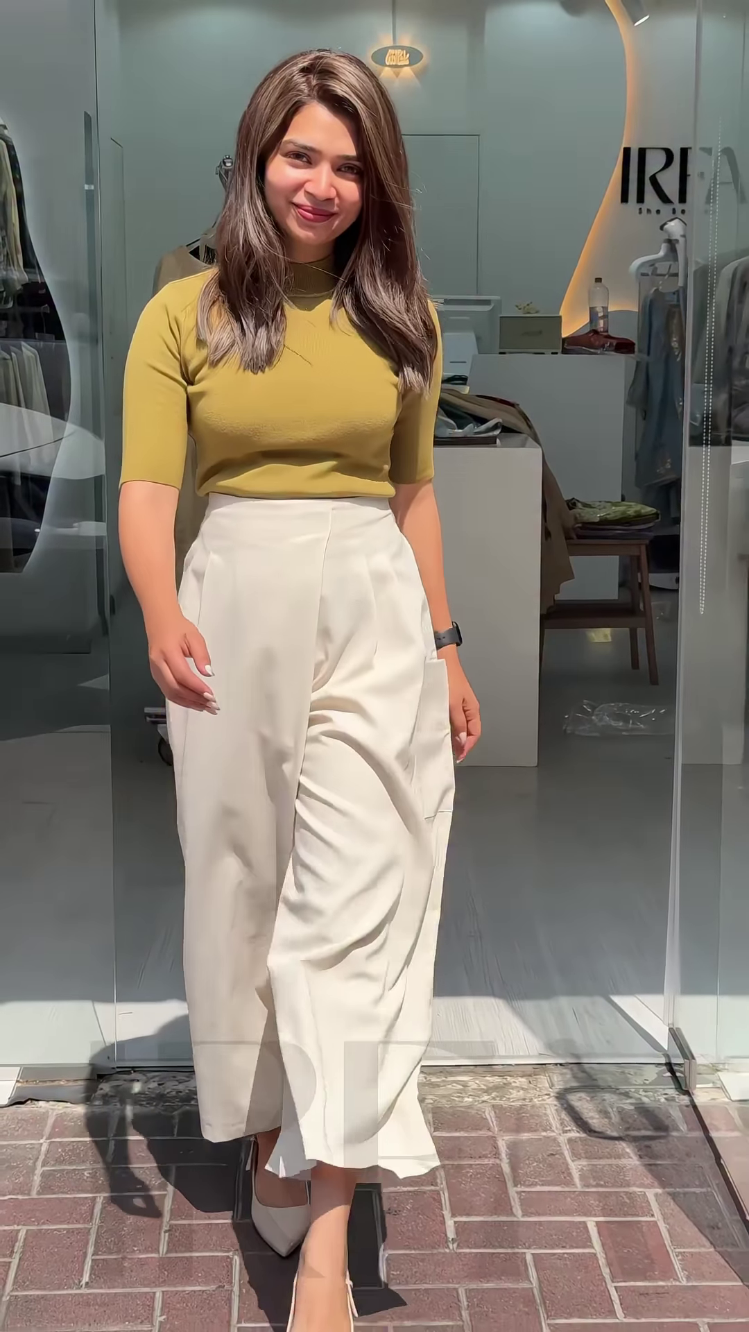 Women’s Mustard Short Sleeve T-Shirt with White Wide-Leg Pants – Minimalist Streetwear Look - Image 4