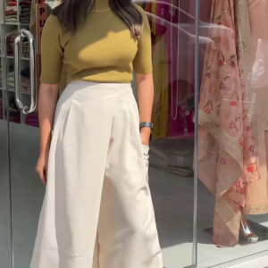 Women’s Mustard Short Sleeve T-Shirt with White Wide-Leg Pants – Minimalist Streetwear Look