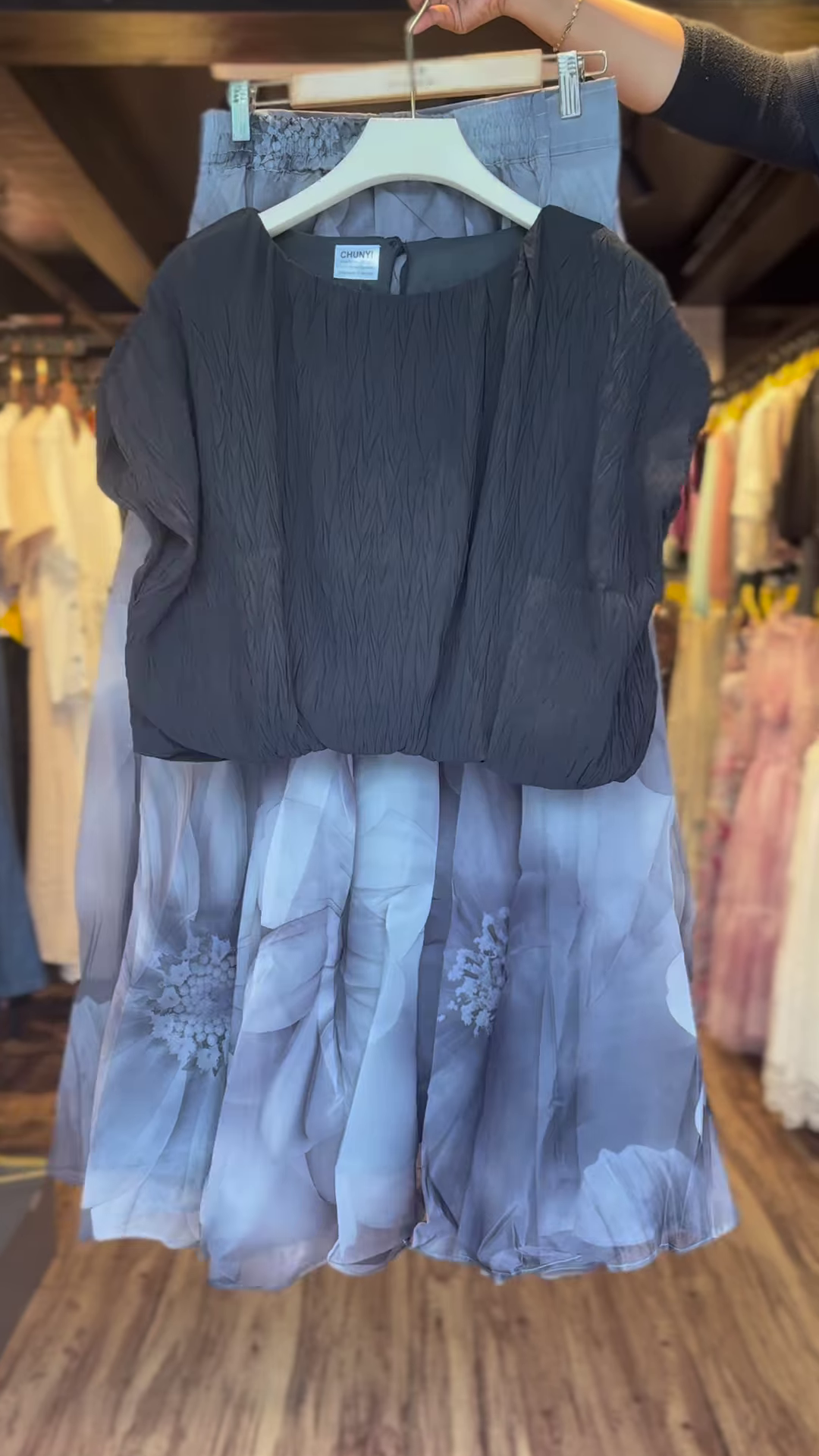 Women’s Black Textured Top with Gray Floral Sheer Skirt – Contemporary Boutique Layered Look