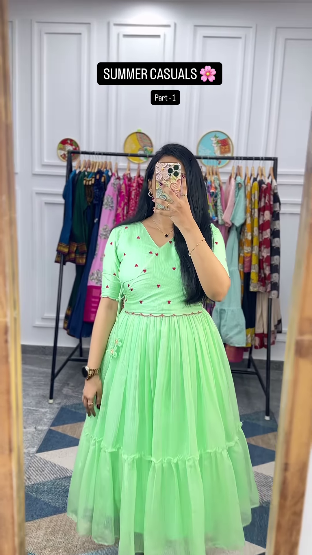 Women’s Light Green Tiered Ruffle Dress – Summer Casualwear with Mirror Portrait Styling - Image 6