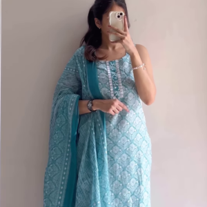Women’s Sleeveless Light Blue Embroidered Kurta Pant Set with Dupatta – Elegant Summer Ethnicwear