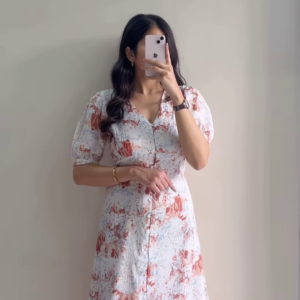 Women’s White Short-Sleeve Dress with Red & Blue Floral Prints