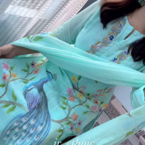 Women’s Light Blue Printed Kurta Churidar Dupatta Set with Floral & Peacock Motifs – Elegant Ethnicwear