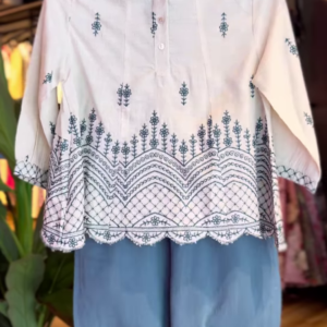 Women’s White Floral Embroidered Kurti with Blue Straight Pants – Boutique-Friendly Ethnic Summerwear Set