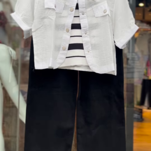 Women’s White Buttoned Crop Jacket with Striped Inner Top and Black Pants – Layered Streetwear Ensemble