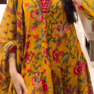Women’s Yellow Floral Printed Kurti with Red Neckline Border – Ethnic Everyday Ensemble with Seasonal Charm
