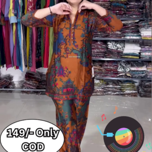 Women’s Multicolor Abstract Printed Kurti with Matching Pants – Ethnic Fusion Co-Ord Set with Music-Themed Backdrop