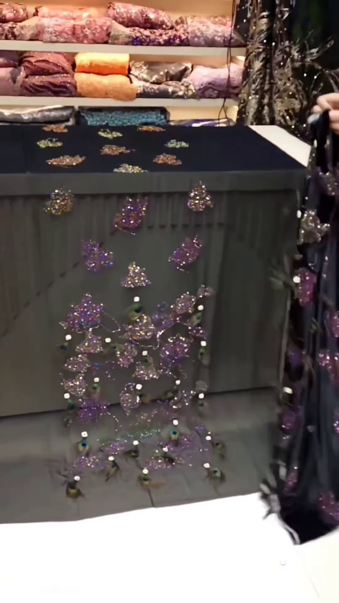 Luxury Sheer Fabric with Glitter Floral Embroidery – Purple-Pink Bloom Motif on Transparent Base for Occasionwear Draping & Tailoring - Image 3