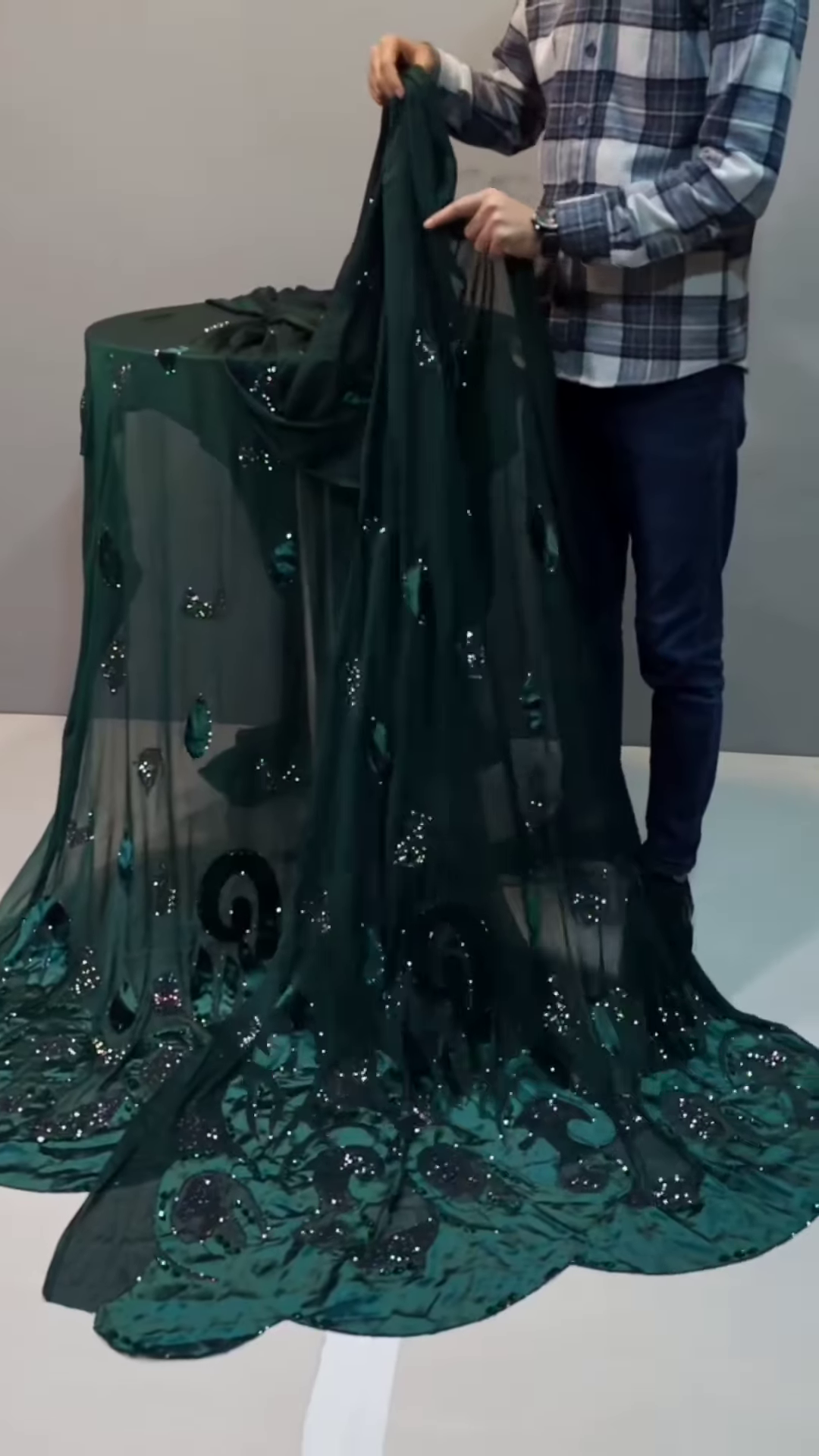 Luxury Sheer Fabric with Glitter Floral Embroidery – Purple-Pink Bloom Motif on Transparent Base for Occasionwear Draping & Tailoring - Image 2