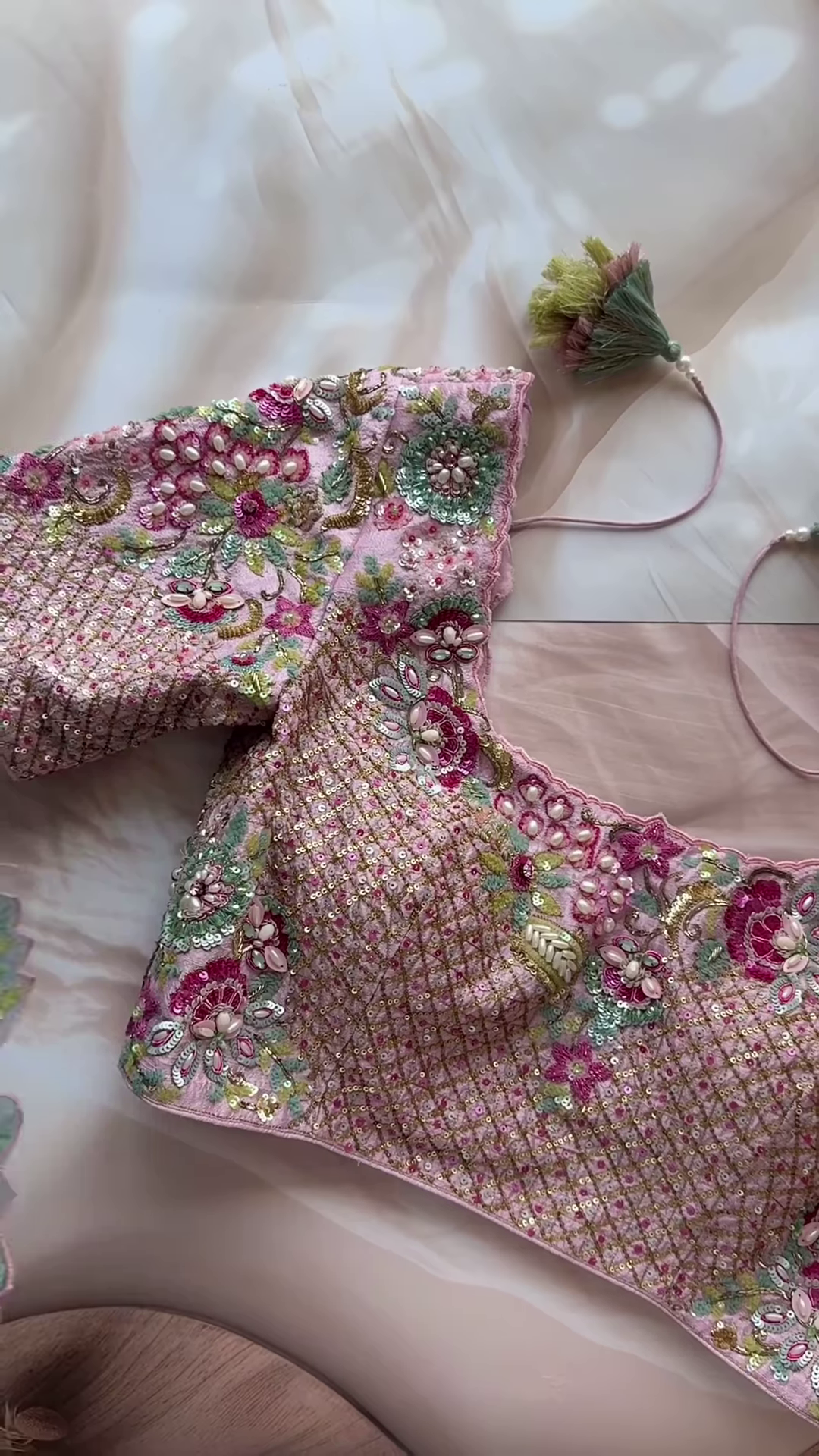 Dual-Toned Embroidered Sheer Fabric Panel with Sequins & Floral Motifs – Pink & Blue Textile for Occasionwear Drapes & Fusion Tailoring - Image 5