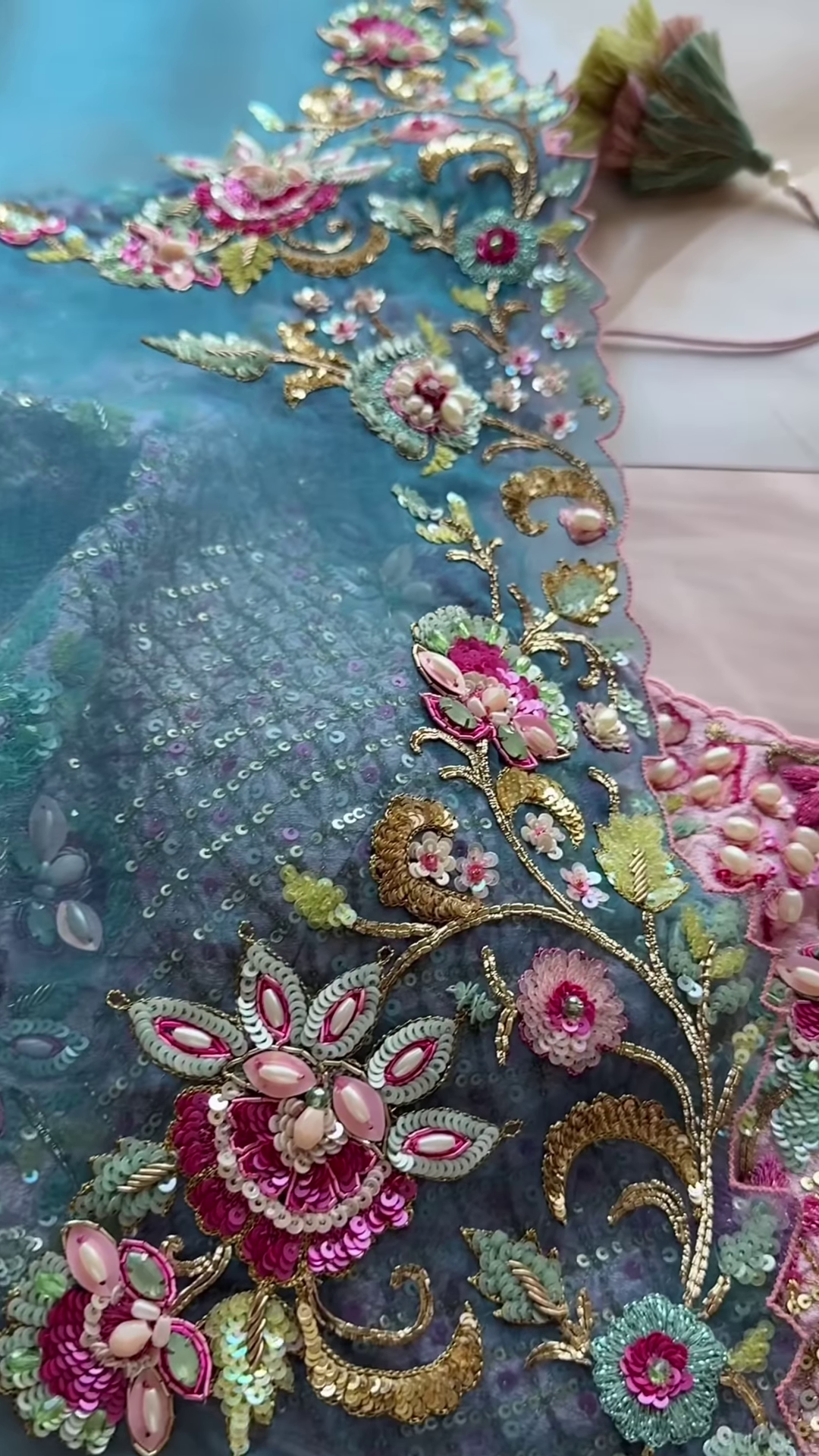 Dual-Toned Embroidered Sheer Fabric Panel with Sequins & Floral Motifs – Pink & Blue Textile for Occasionwear Drapes & Fusion Tailoring - Image 3