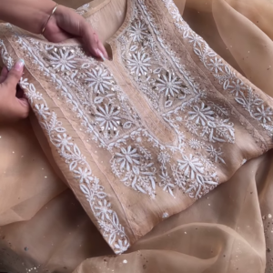 Beige Sheer Embroidered Fabric Panel with White Floral Motifs & Sequin Accents – Ethnicwear Material