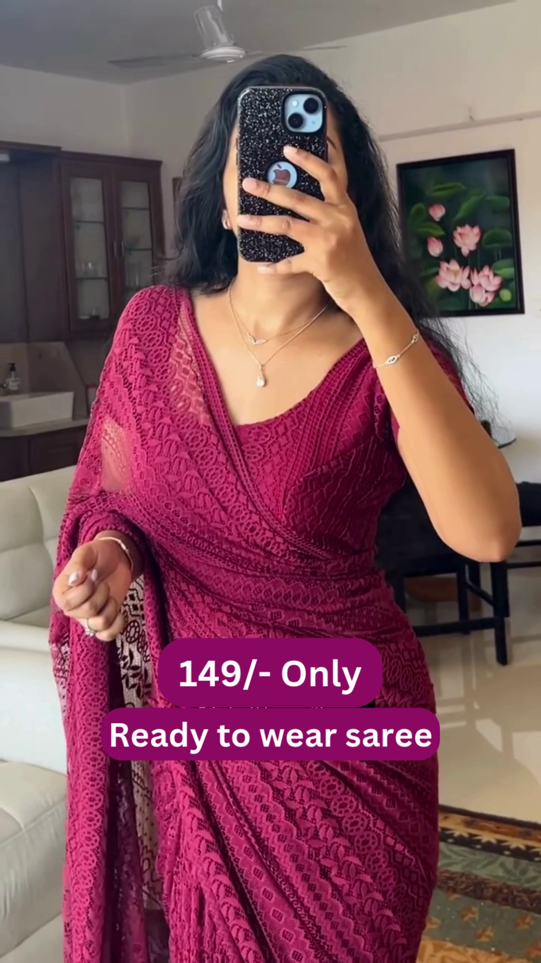 Women’s Maroon Lace Saree with Intricate Floral Border – Ready-to-Wear Ethnic Ensemble with Homestyle Presentation - Image 3