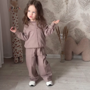 Kids’ Light Brown Co-Ord Set with Long Sleeves & White Sneakers – Neutral-Tone Outfit Styled with Giraffe Plush & Personalized Decor