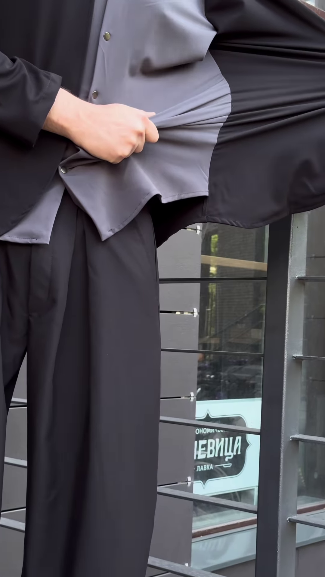 Men’s Black Stretchable Button-Up Shirt with Gray Pants – Comfort-Fit Ethnic Fusion Ensemble for Everyday Styling - Image 6