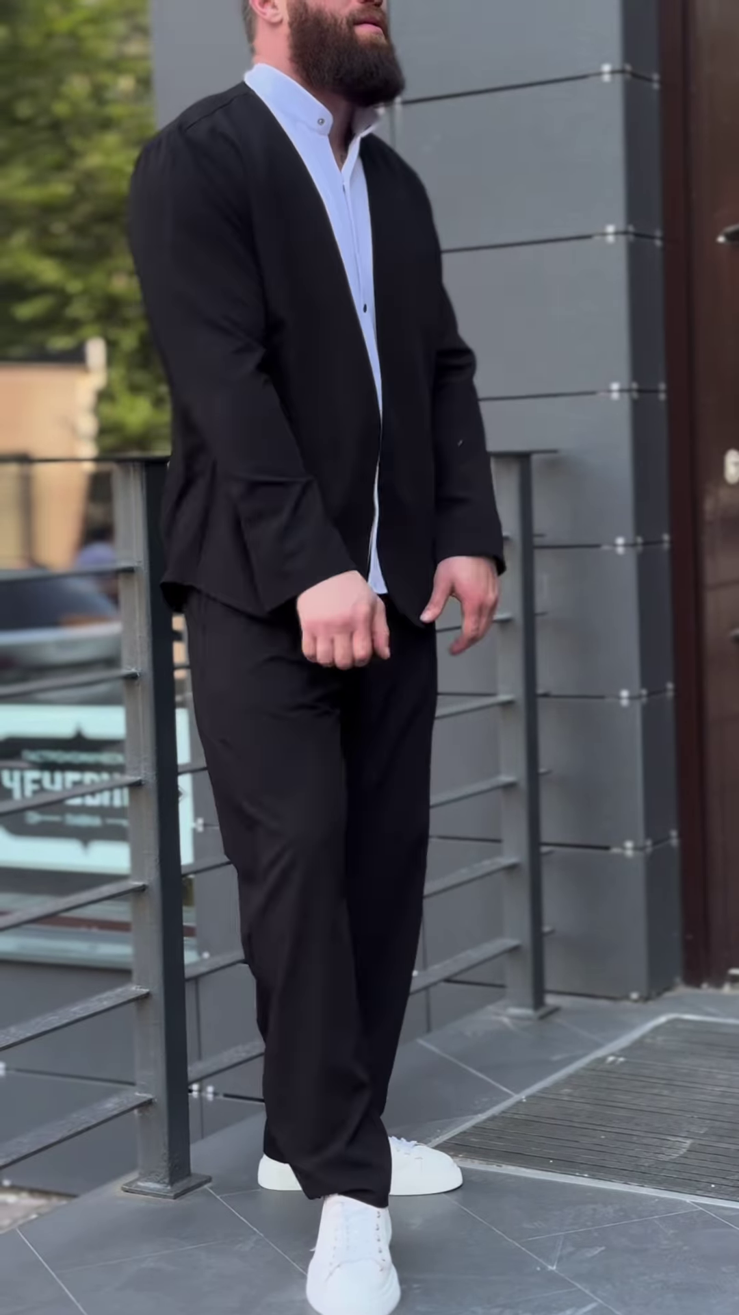 Men’s Black Stretchable Button-Up Shirt with Gray Pants – Comfort-Fit Ethnic Fusion Ensemble for Everyday Styling - Image 2