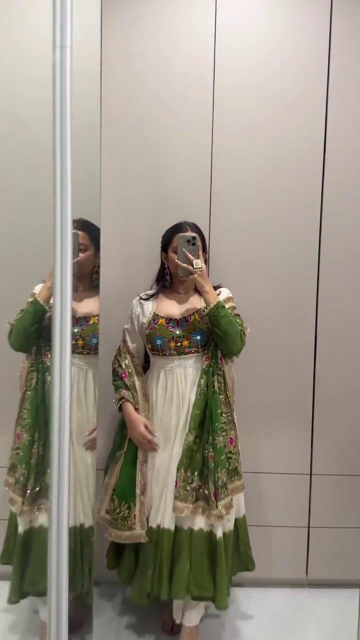 Ivory Floor-Length Anarkali with Multicolored Mirror-Work Bodice - Image 2