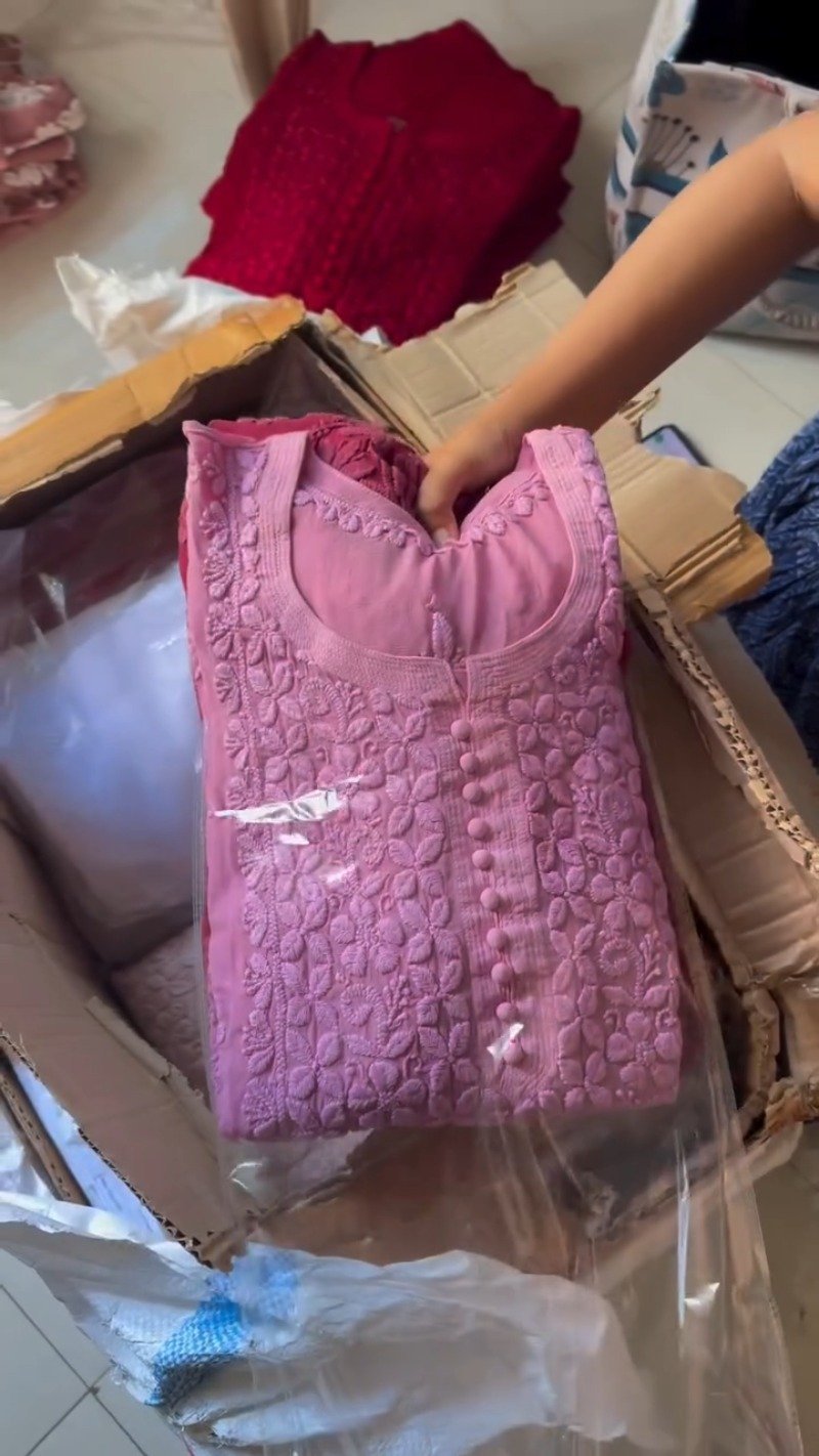 Exquisite Lucknowi Chikankari Embellished Kurta – Available in Vibrant Red & Soft Dusty Pink - Image 2