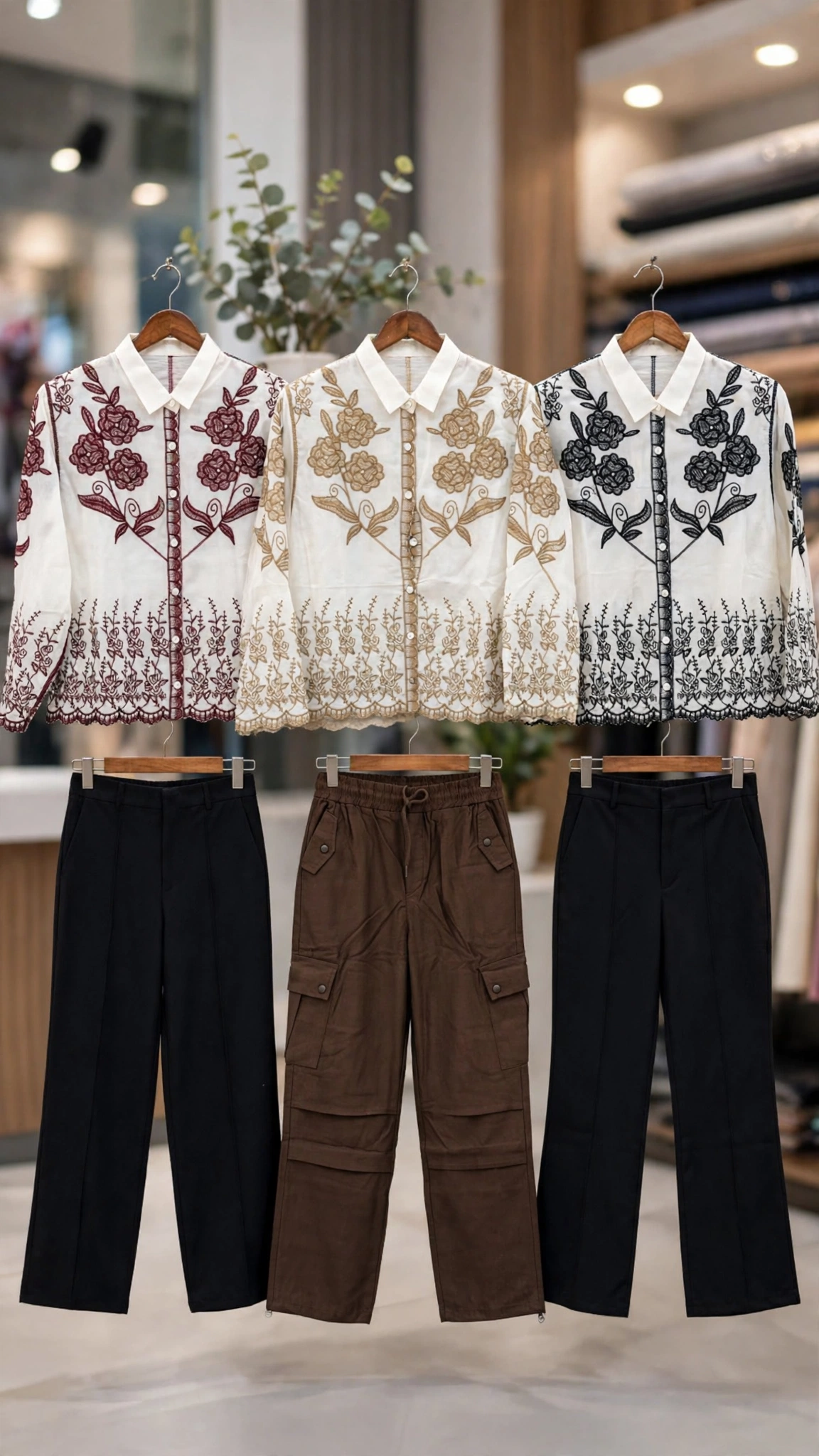 Floral Embroidered Linen Co-ord Set with Statement Trousers – Available in Classic Black, Earthy Brown & Deep Maroon - Image 4