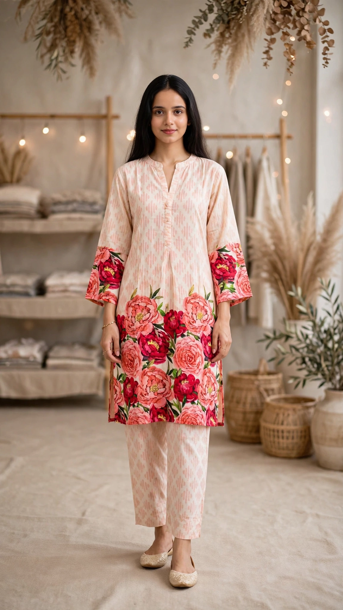 Artisanal Embroidered Kurta & Trouser Set – Available in Warm Beige, Serene Lavender, Classic Monochrome, & Floral Cream - Image 12
