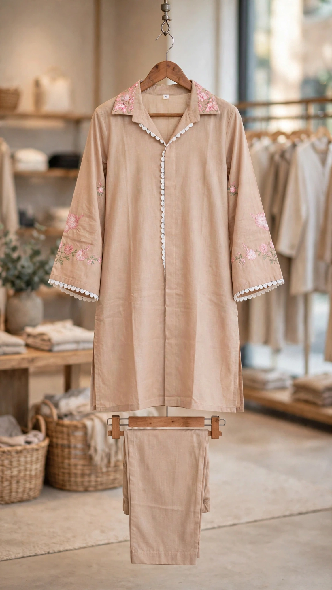 Artisanal Embroidered Kurta & Trouser Set – Available in Warm Beige, Serene Lavender, Classic Monochrome, & Floral Cream - Image 3