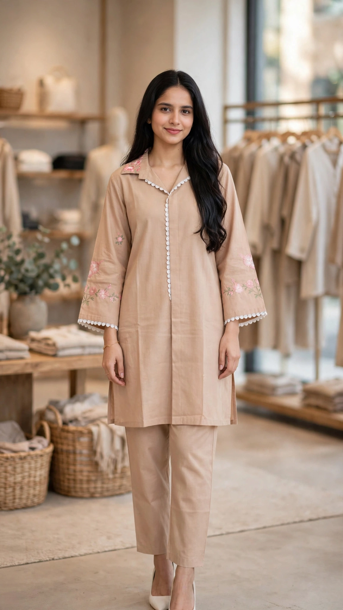 Artisanal Embroidered Kurta & Trouser Set – Available in Warm Beige, Serene Lavender, Classic Monochrome, & Floral Cream - Image 4