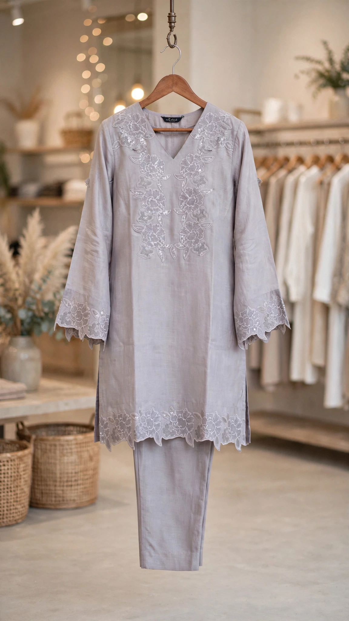 Artisanal Embroidered Kurta & Trouser Set – Available in Warm Beige, Serene Lavender, Classic Monochrome, & Floral Cream - Image 5