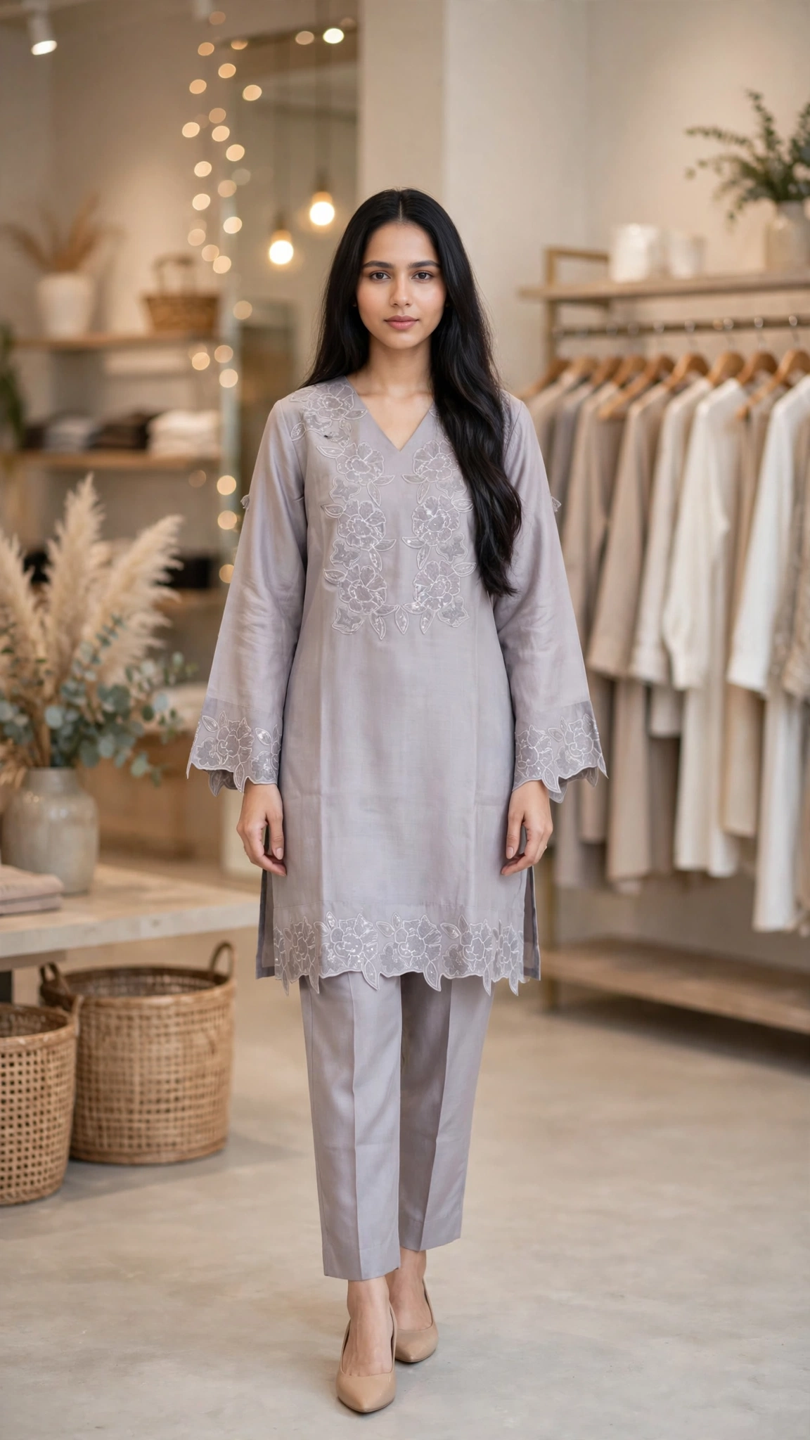 Artisanal Embroidered Kurta & Trouser Set – Available in Warm Beige, Serene Lavender, Classic Monochrome, & Floral Cream - Image 6
