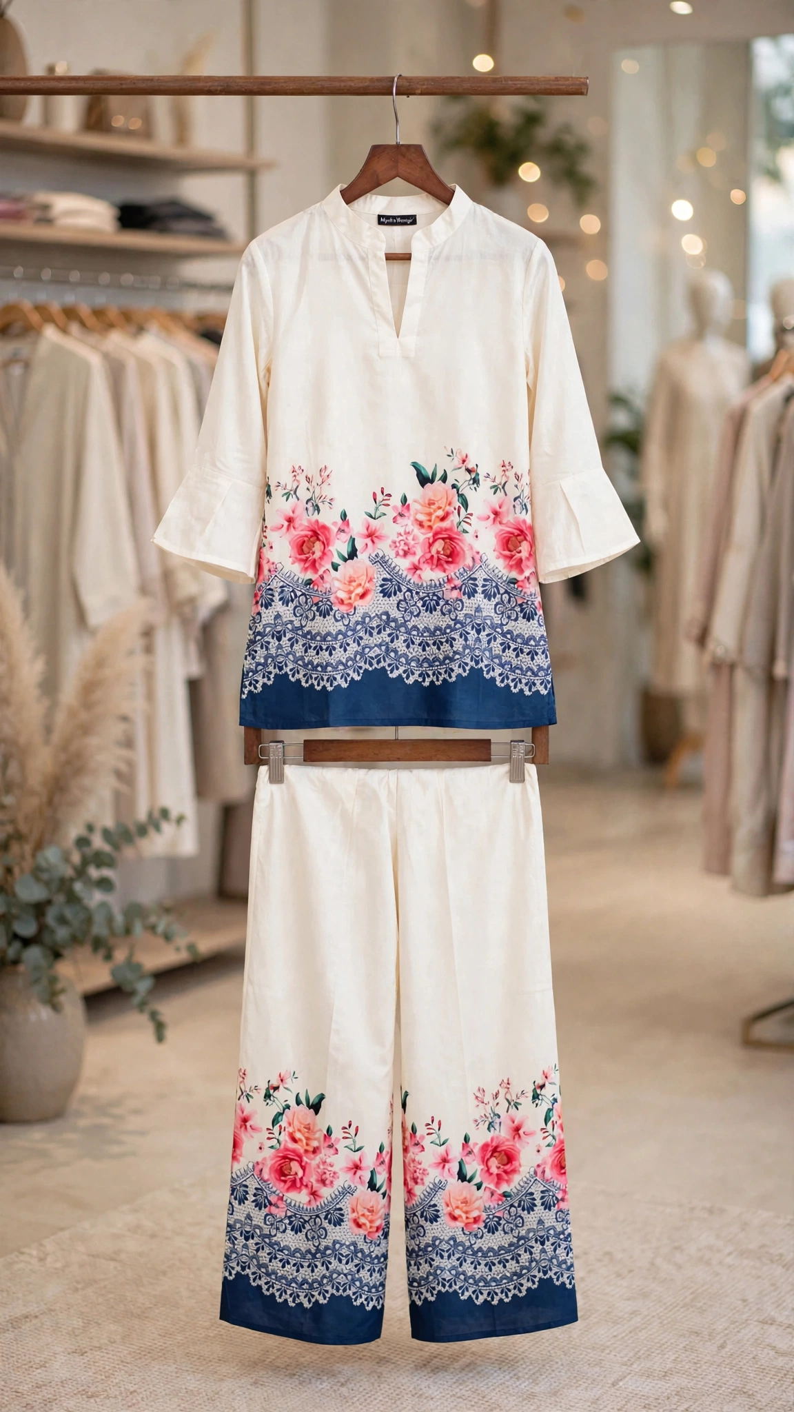 Artisanal Embroidered Kurta & Trouser Set – Available in Warm Beige, Serene Lavender, Classic Monochrome, & Floral Cream - Image 7