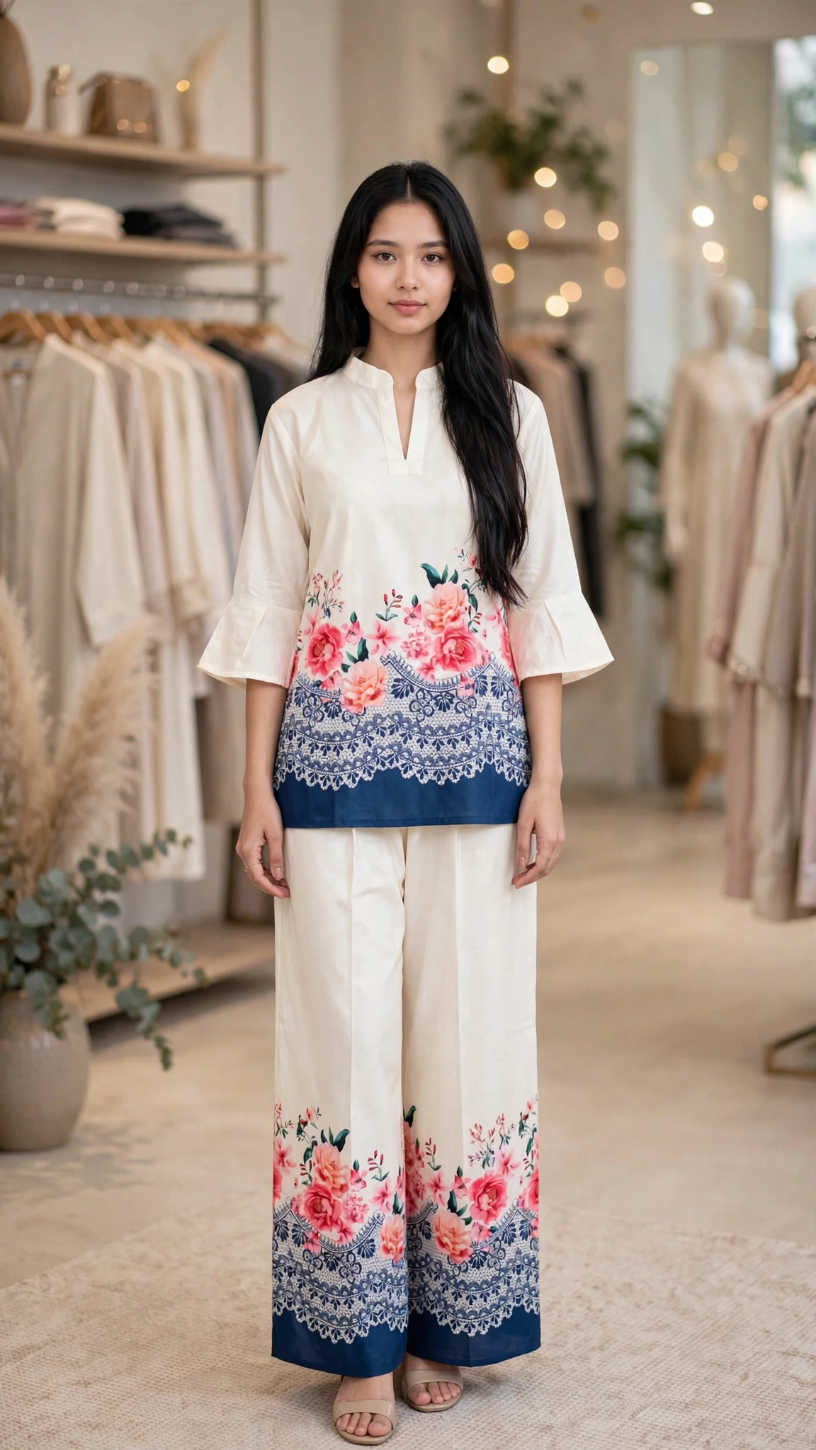 Artisanal Embroidered Kurta & Trouser Set – Available in Warm Beige, Serene Lavender, Classic Monochrome, & Floral Cream - Image 8