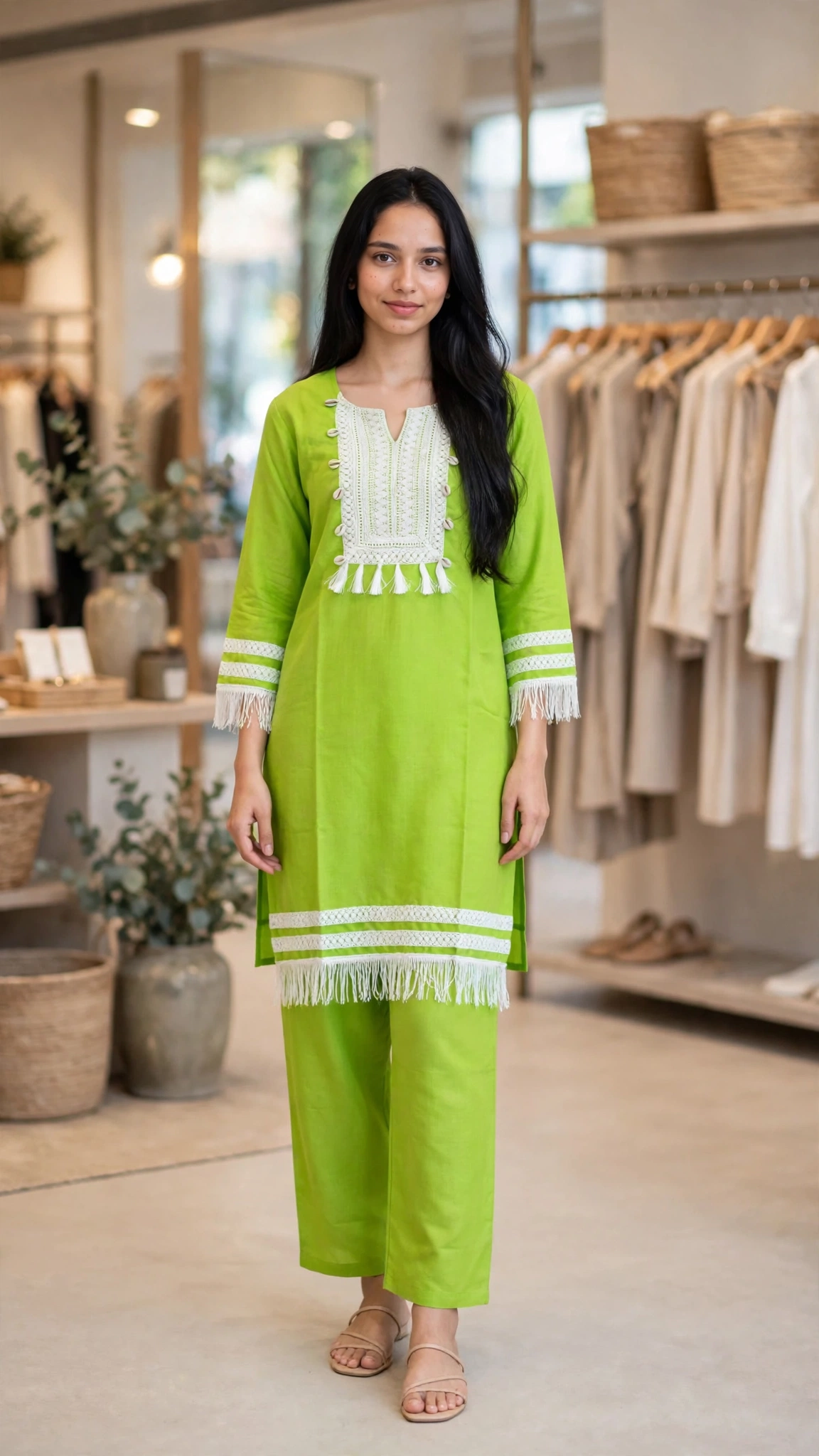 Artisanal Embroidered Kurta & Trouser Set – Available in Warm Beige, Serene Lavender, Classic Monochrome, & Floral Cream - Image 9